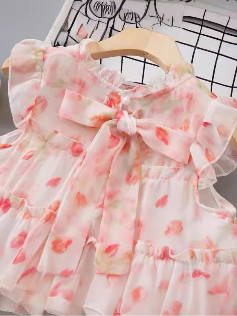 Girls' Floral Tiered Chiffon Dress - Pink 6-7 - Picture 4 of 12